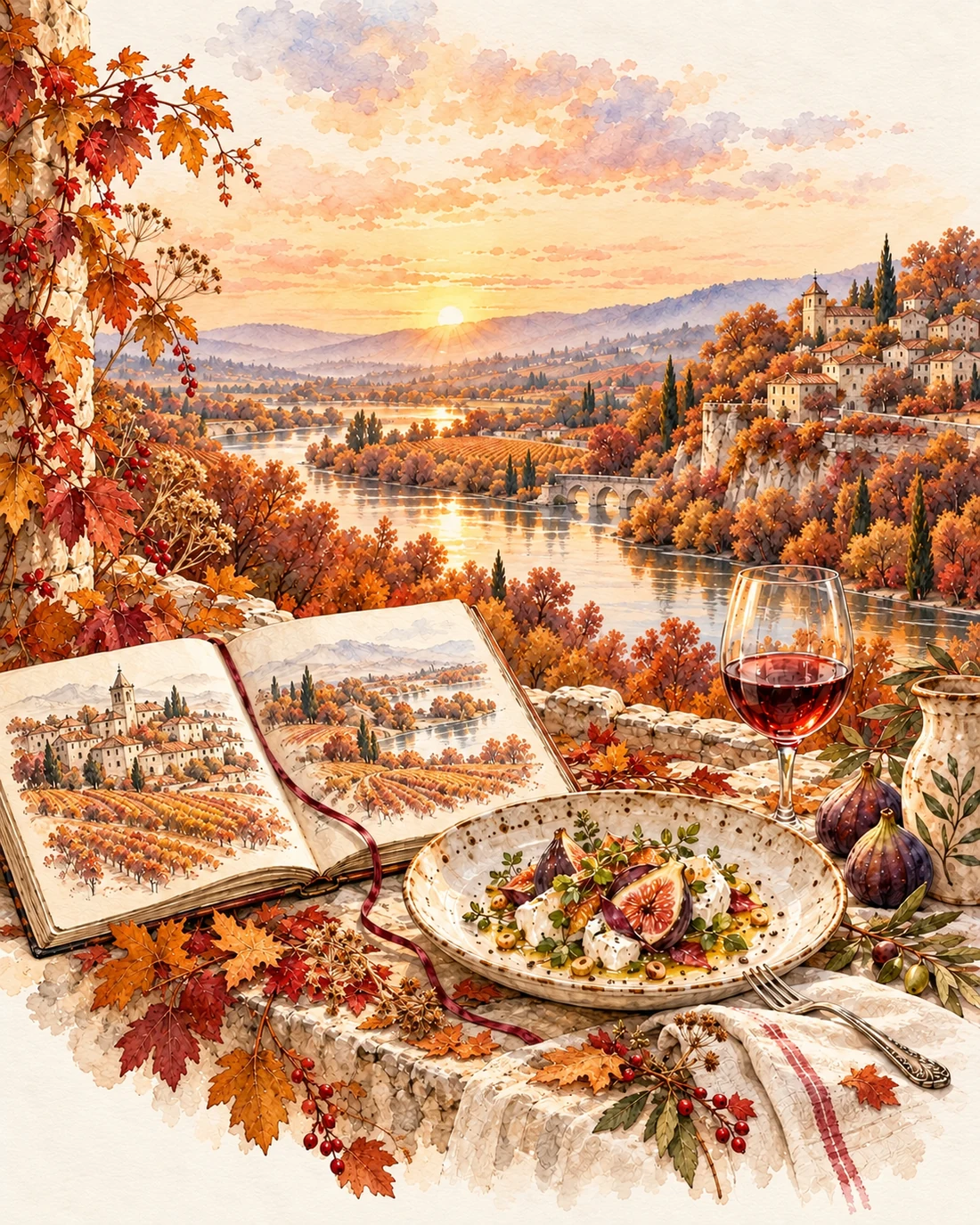 Carnet de paysages et assiette de figues devant une vallée d’automne, à l’aquarelle.