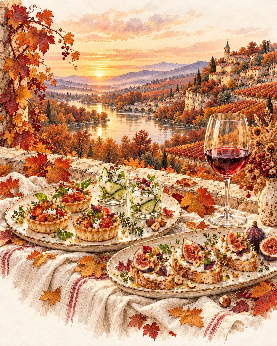 Bouchées salées et verrines illustrées à l’aquarelle devant des vignes d’automne.