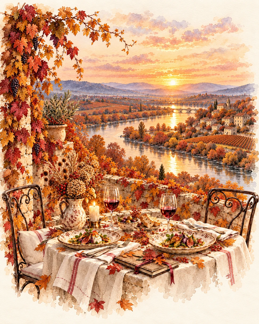 Table illustrée à l’aquarelle sur une terrasse face aux vignes cuivrées d’automne.